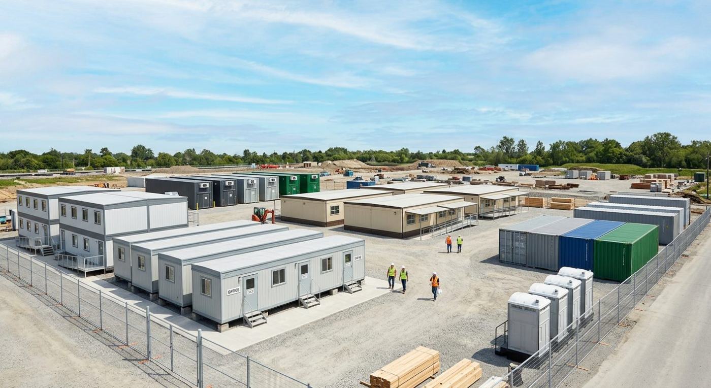 Everything Bricklayr provides on site: office trailers, storage containers, fencing and sanitation